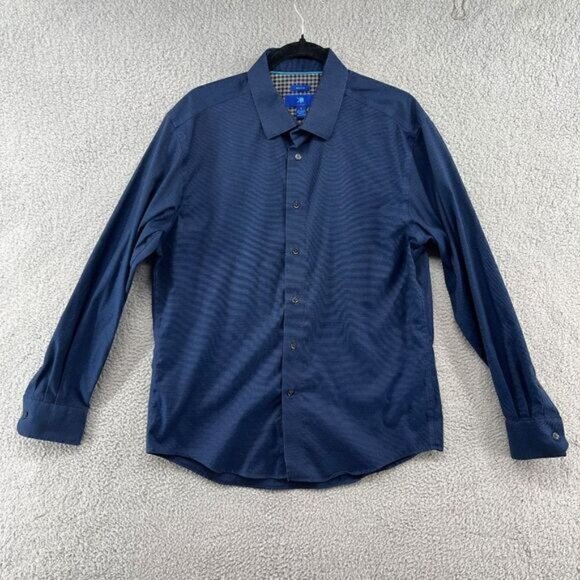 Egara Shirt Mens Large Navy Blue Non Iron Long Sleeve Shirt Textured Cotton - Picture 1 of 9
